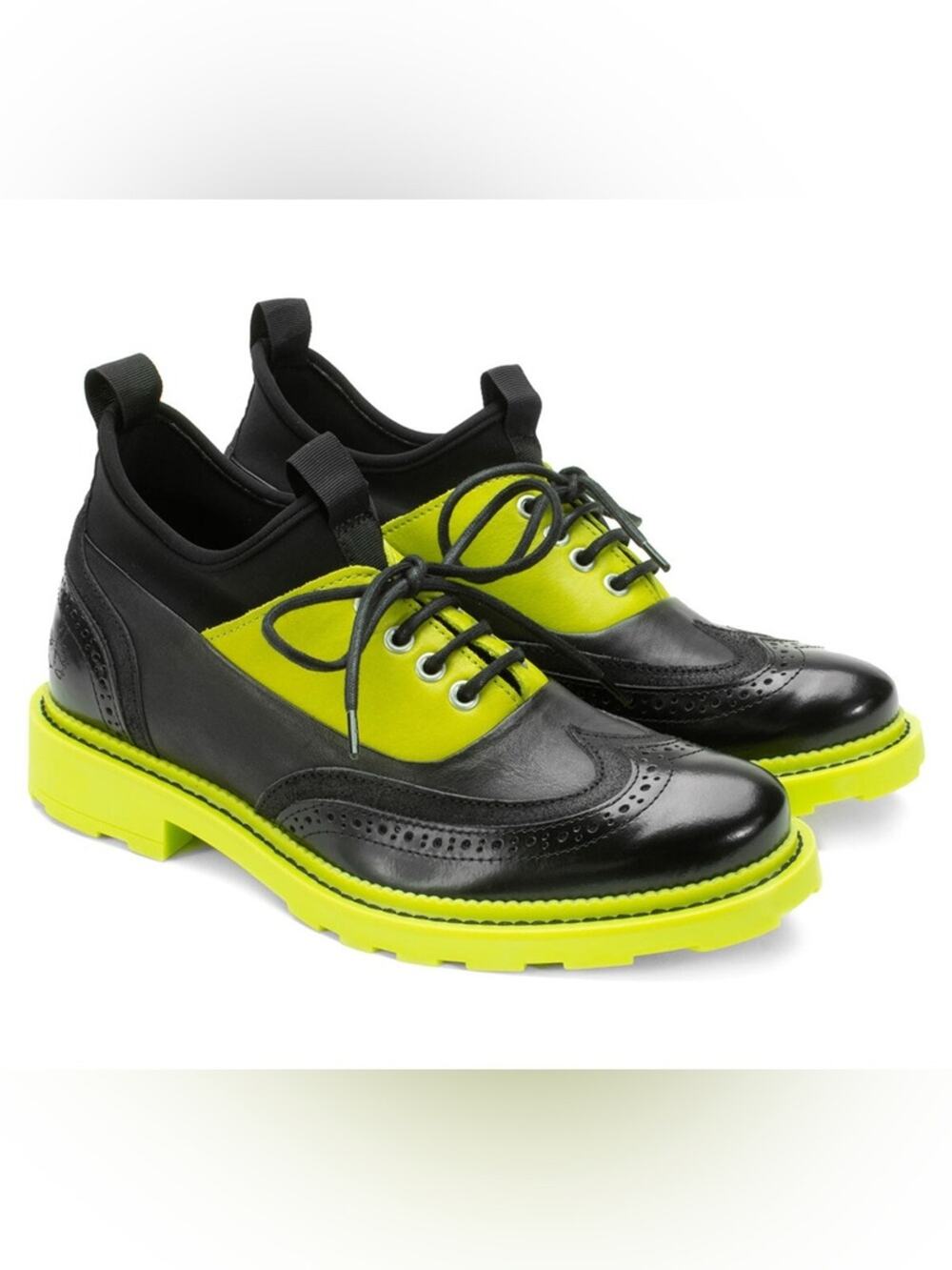 John Fluevog 7.5 Felix Black/Lime Wingtip Brogues